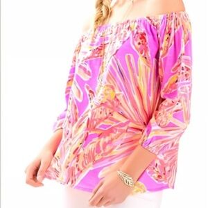 Lilly Pulitzer Knit Top Pink Floral Enna Off The Shoulder Size L Sunseekers Prnt